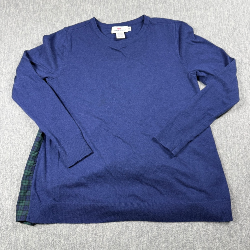 Vineyard Vines Sweater Womens XS Blue Plaid Cotton Blend Knit Crewneck Preppy